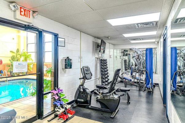 Fitness Equipment, Gym, Interior, Recessed Lighting, Stone Walls