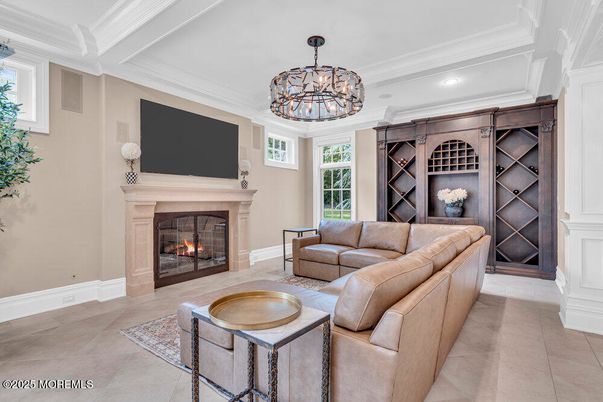 Chandelier, Fireplace, Interior, Living room, Recessed Lighting