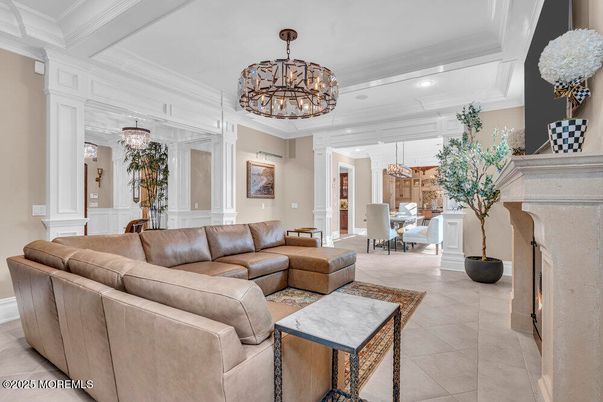 Chandelier, Dining room, Fireplace, Interior, Living room, Pendant Lights, Recessed Lighting