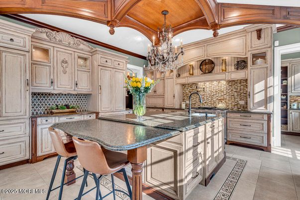 Chandelier, Interior, Kitchen, Recessed Lighting, Stainless Steel Appliances, Wooden Beams, Wooden Ceilings