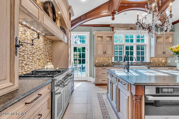 Chandelier, Interior, Kitchen, Recessed Lighting, Stainless Steel Appliances, Wooden Beams