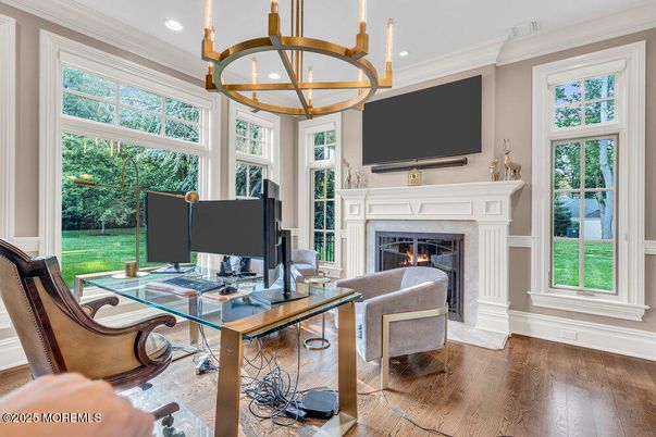 Fireplace, Home Office, Interior, Pendant Lights, Recessed Lighting, Wood Texture Flooring
