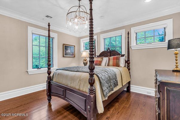 Bedroom, Chandelier, Interior, Recessed Lighting, Wood Texture Flooring