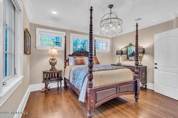 Bedroom, Chandelier, Interior, Recessed Lighting, Wood Texture Flooring