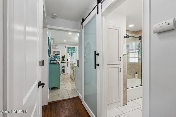 Bathroom, Glass Shower, Interior, Recessed Lighting, Wood Texture Flooring