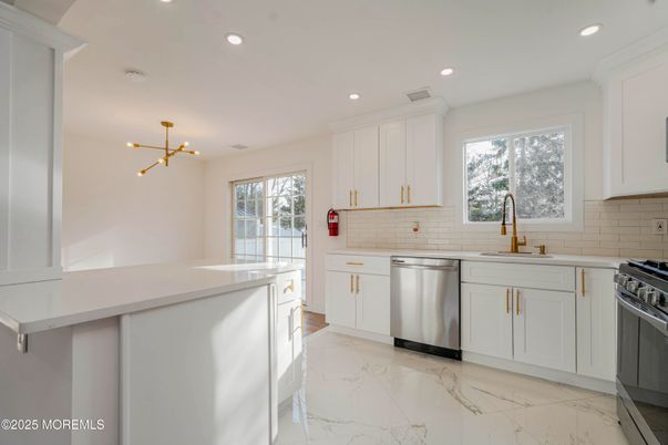 Interior, Kitchen, Marble, Pendant Lights, Recessed Lighting, Stainless Steel Appliances