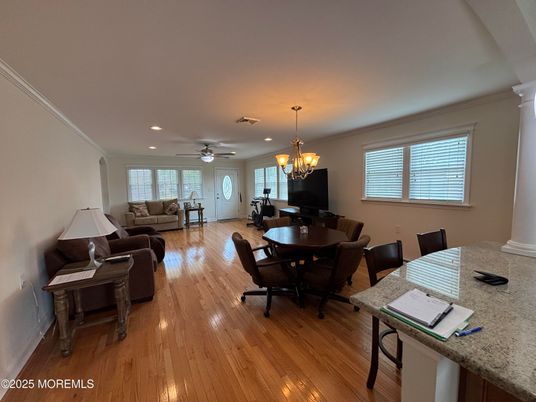Chandelier, Dining room, Interior, Living room, Recessed Lighting, Wood Texture Flooring
