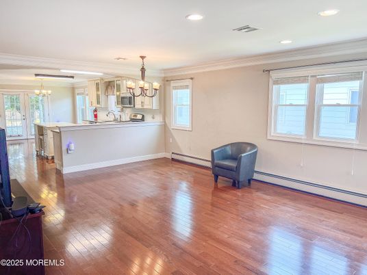 Chandelier, Interior, Kitchen, Recessed Lighting, Wood Texture Flooring