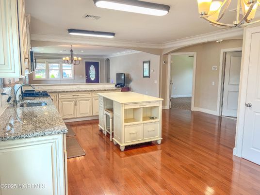 Chandelier, Interior, Kitchen, Recessed Lighting, Wood Texture Flooring