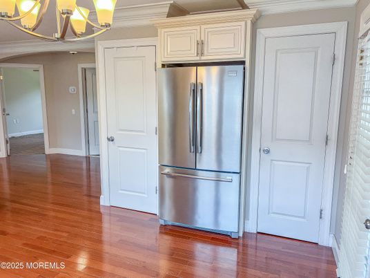 Chandelier, Interior, Kitchen, Stainless Steel Appliances, Wood Texture Flooring