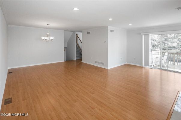 Chandelier, Empty room, Interior, Recessed Lighting, Wood Texture Flooring
