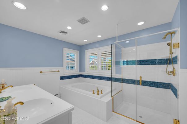Bathroom, Dual Sink Vanities, Glass Shower, Interior, Recessed Lighting