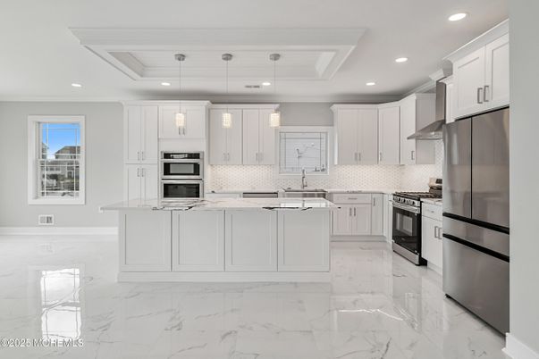 Interior, Kitchen, Marble, Pendant Lights, Recessed Lighting, Stainless Steel Appliances