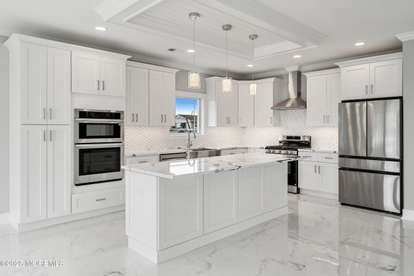 Interior, Kitchen, Marble, Pendant Lights, Recessed Lighting, Stainless Steel Appliances