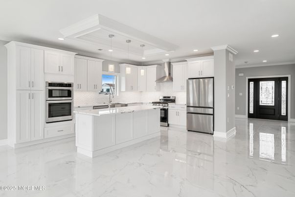 Interior, Kitchen, Marble, Recessed Lighting, Stainless Steel Appliances