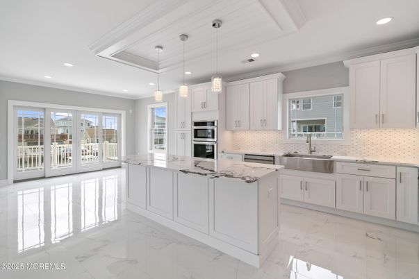 Interior, Kitchen, Marble, Pendant Lights, Recessed Lighting, Stainless Steel Appliances