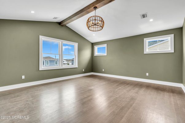 Chandelier, Empty room, Interior, Pendant Lights, Recessed Lighting, Wooden Beams, Wood Texture Flooring