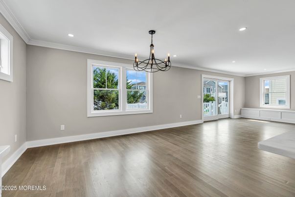 Chandelier, Empty room, Interior, Recessed Lighting, Wood Texture Flooring