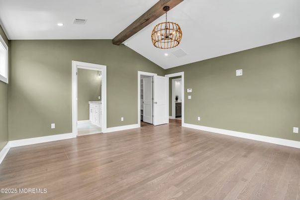 Chandelier, Empty room, Interior, Pendant Lights, Recessed Lighting, Wooden Beams, Wood Texture Flooring