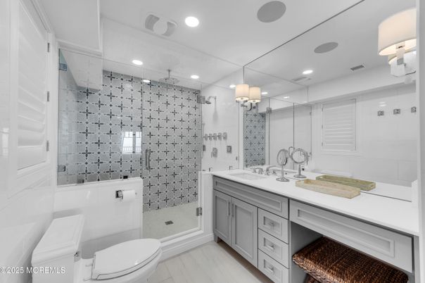 Bathroom, Glass Shower, Interior, Recessed Lighting, Wood Texture Flooring