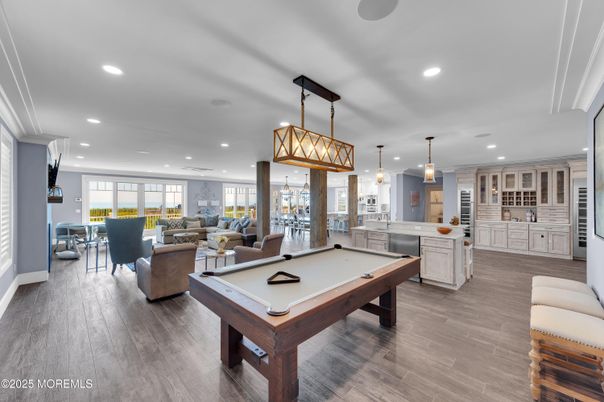 Billiard Table, Dining room, Game Room, Interior, Kitchen, Living room, Pendant Lights, Recessed Lighting, Wood Texture Flooring