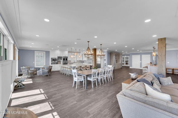 Dining room, Interior, Kitchen, Living room, Pendant Lights, Recessed Lighting, Stainless Steel Appliances, Wood Texture Flooring