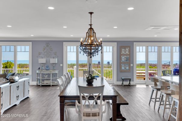Chandelier, Dining room, Interior, Recessed Lighting, Water, Wood Texture Flooring