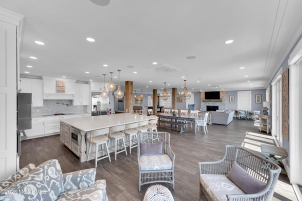 Dining room, Interior, Kitchen, Living room, Pendant Lights, Recessed Lighting, Stainless Steel Appliances, Wood Texture Flooring