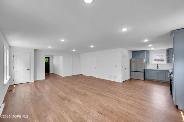 Empty room, Interior, Kitchen, Recessed Lighting, Wood Texture Flooring