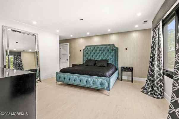 Bedroom, Interior, Recessed Lighting, Wood Texture Flooring, Wooden Walls