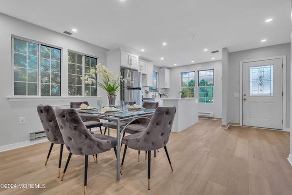 Dining room, Interior, Kitchen, Recessed Lighting, Stainless Steel Appliances, Wood Texture Flooring