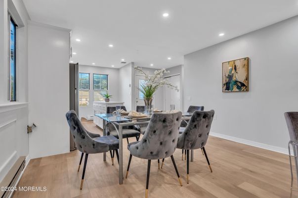 Dining room, Interior, Recessed Lighting, Wood Texture Flooring