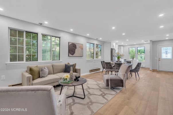 Dining room, Interior, Living room, Recessed Lighting, Wood Texture Flooring