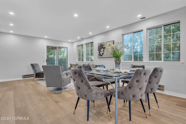 Dining room, Interior, Recessed Lighting, Wood Texture Flooring