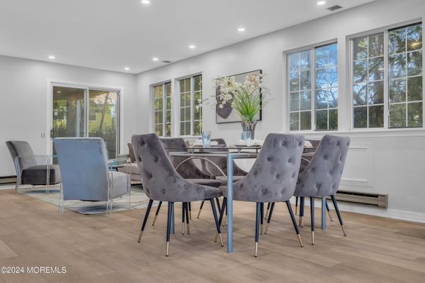 Dining room, Interior, Recessed Lighting, Wood Texture Flooring