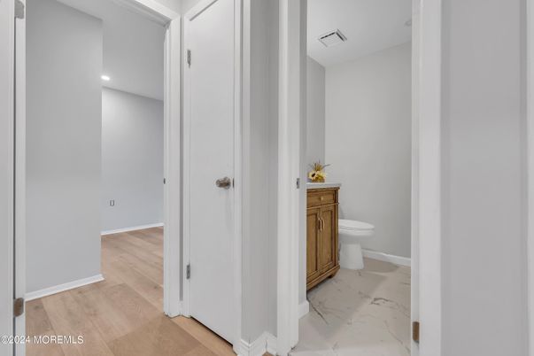 Bathroom, Interior, Marble, Recessed Lighting, Wood Texture Flooring