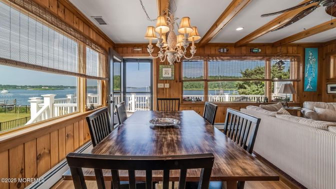 Chandelier, Dining room, Interior, Recessed Lighting, Water, Wood Texture Flooring