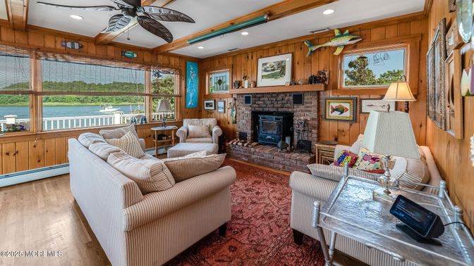 Fireplace, Interior, Living room, Recessed Lighting, Wood Texture Flooring, Wooden Walls