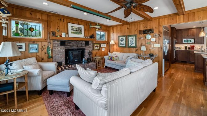 Fireplace, Interior, Kitchen, Living room, Recessed Lighting, Wooden Beams, Wood Texture Flooring, Wooden Walls