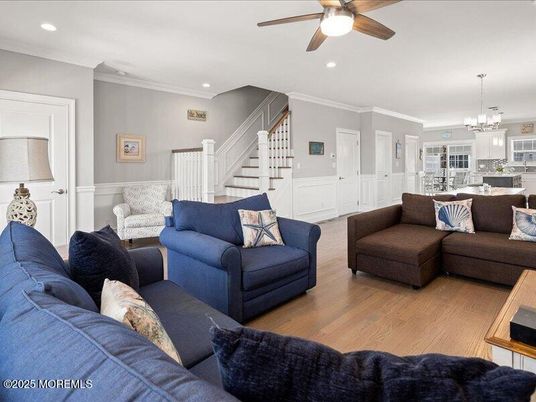 Dining room, Interior, Living room, Pendant Lights, Recessed Lighting, Wood Texture Flooring