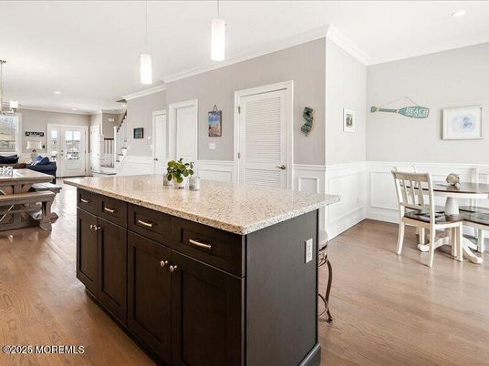 Dining room, Interior, Kitchen, Pendant Lights, Recessed Lighting, Wood Texture Flooring