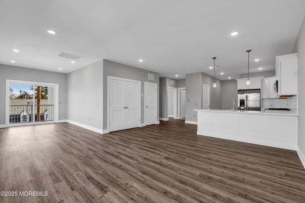 Empty room, Interior, Kitchen, Pendant Lights, Recessed Lighting, Wood Texture Flooring