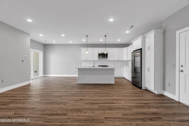 Interior, Kitchen, Pendant Lights, Recessed Lighting, Stainless Steel Appliances, Wood Texture Flooring