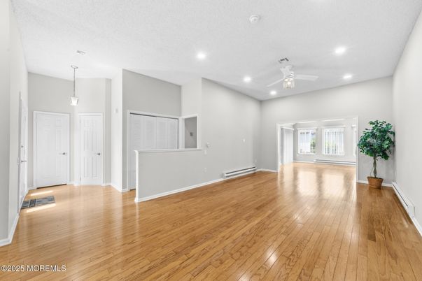 Empty room, Interior, Pendant Lights, Recessed Lighting, Wood Texture Flooring