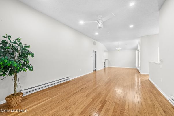 Chandelier, Empty room, Interior, Recessed Lighting, Wood Texture Flooring