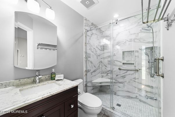 Bathroom, Glass Shower, Interior, Marble Walls, Recessed Lighting