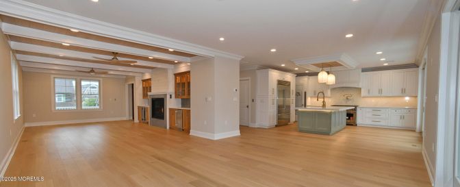 Interior, Kitchen, Marble Walls, Recessed Lighting, Wood Texture Flooring