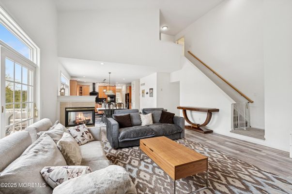 Fireplace, Interior, Kitchen, Living room, Pendant Lights, Recessed Lighting, Wood Texture Flooring