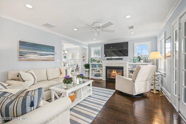 Fireplace, Interior, Living room, Recessed Lighting, Wood Texture Flooring