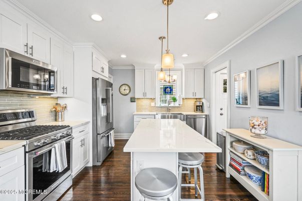 Interior, Kitchen, Pendant Lights, Recessed Lighting, Stainless Steel Appliances, Wood Texture Flooring